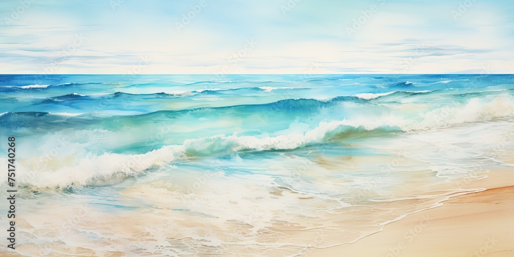 Watercolor Beach with Sea Waves, Aquarelle Ocean Tide, Vacation Background with Sea Waves Drawing - obrazy, fototapety, plakaty 