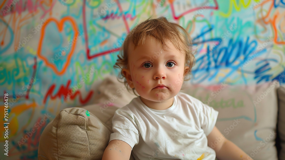 Naklejka premium Child painted the walls of the apartment with felt-tip pens and multi-colored paints. 