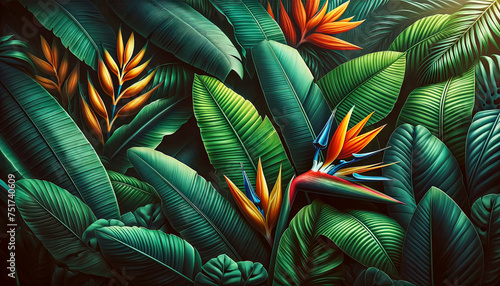 Bird of Paradise Flowers with Green Tropical Leaves Background