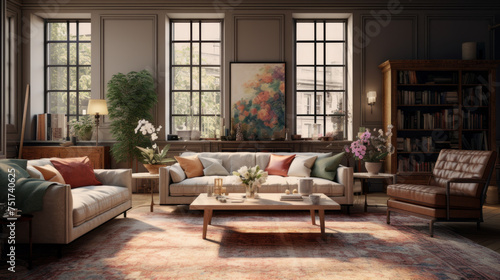 A trendy living room with a mix of traditional and augmented reality decor