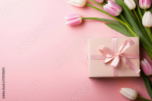 Gift box adorned with pink and white tulip flowers and a ribbon  set against a pink background. High quality photo