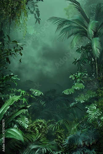 An authentic portrayal of a lush, dark green jungle backdrop, captured in stunning high resolution