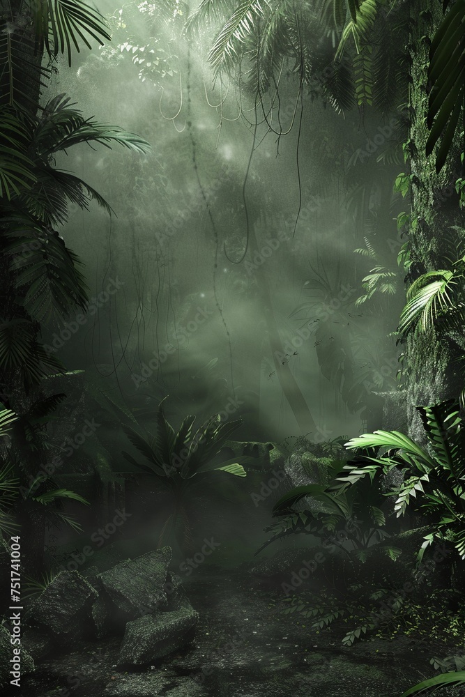 A realistic depiction of a dense, dark green jungle background, rendered in high resolution