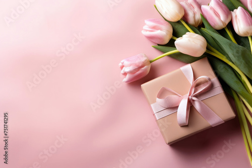 An arrangement of pink tulips and a gift box displayed on pink background. High quality photo