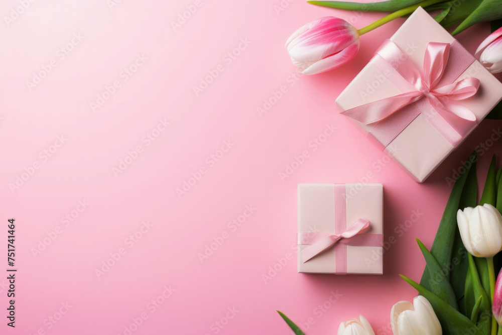 Pink background with pink and white tulips and gift boxes. Copy space background. High quality photo Pink background with pink and white tulips and gift boxes. Copy space background. High quality photo