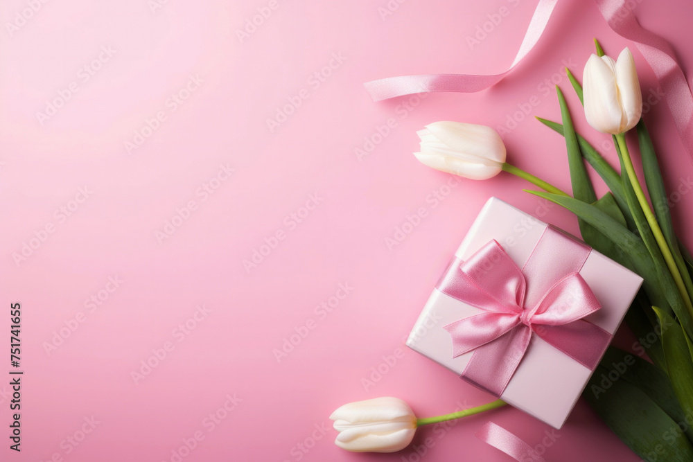 White tulips and pink gift box on pink background with copy space. High quality photo