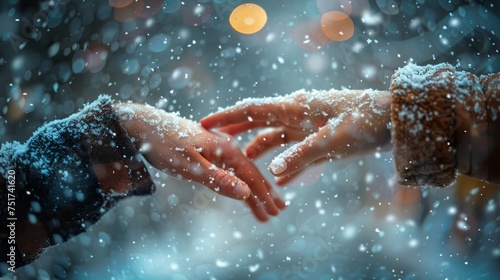 Two Hands Holding a Red Flower in the Snow