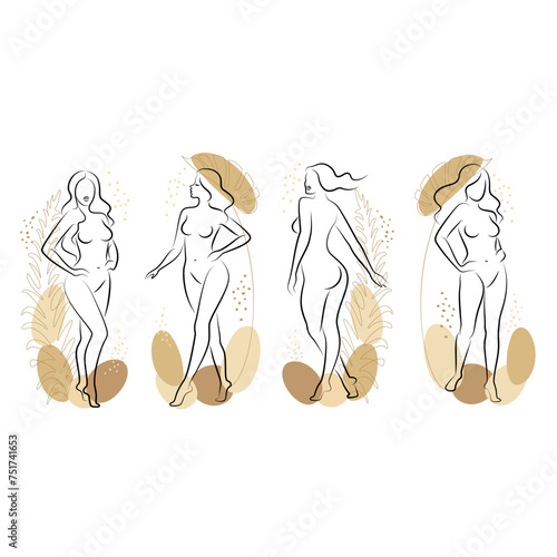 Collection. Silhouette of a cute lady and plant leaves. The girl is standing. The woman has a beautiful naked figure. She is young and slim. Vector illustration set.