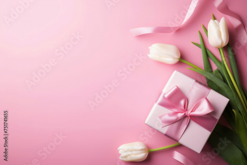 White tulips and pink gift box on pink background with copy space. High quality photo