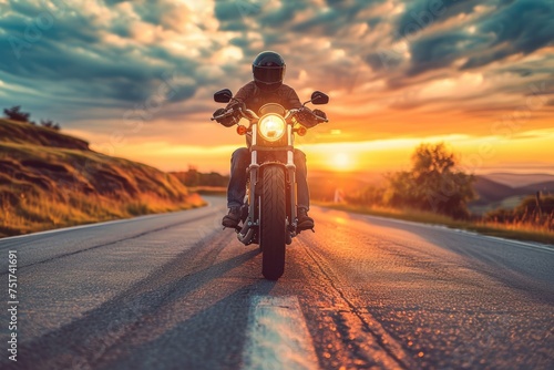 Portrait of a male biker, strength freedom, and individuality on the open road, adventurous spirit and the rebellious allure of the motorcycle, masculinity in motion. photo