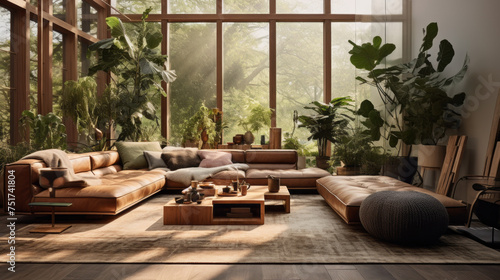 A trendy living room with a Biophilic design, featuring warm wood tones, natural hues, and lush vegetation