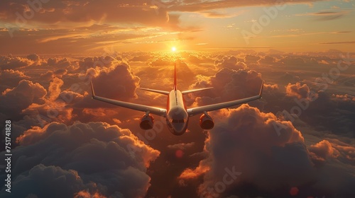 Airplane Soaring Above Clouds at Sunset