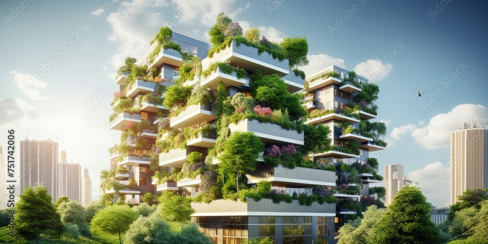 Sustainable green building in modern city. Green architecture. Eco-friendly building. Sustainable building with vertical garden reduce CO2.