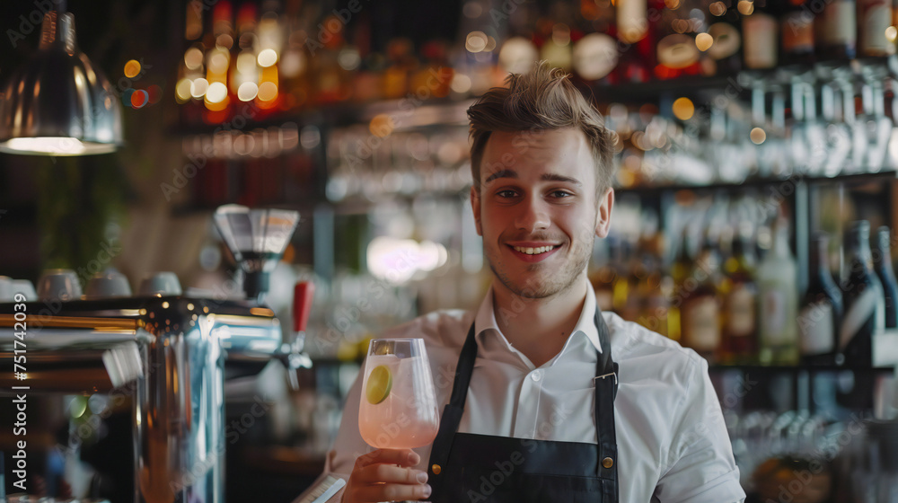 Happy waiter serving drinks while working in cafe and looking at camera