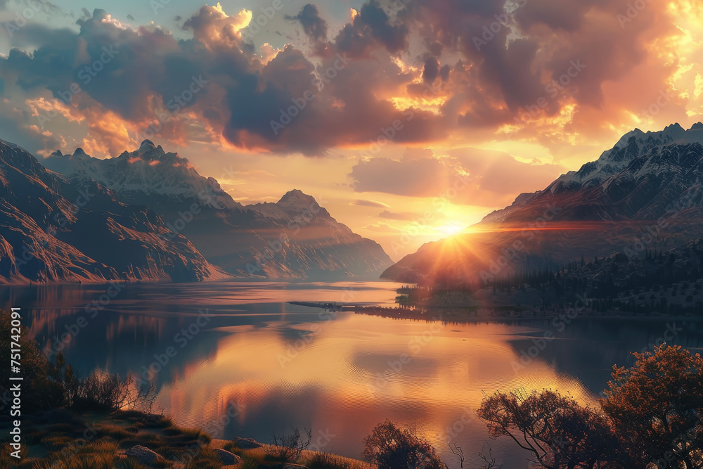 The result of a professional shooting of a landscape with mountains, a lake, and a sunset