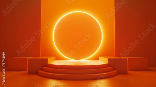 Bright orange background with light circle product or cosmetics. High quality photo