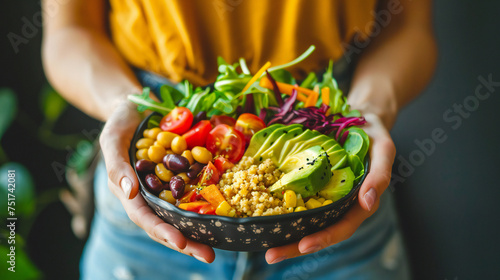 Healthy dinner or lunch. Woman in t-shirt and jeans standing and holding vegan superbowl or bowl with hummus, vegetable, salad, beans, couscous and avocado and smoothie in hands, 
