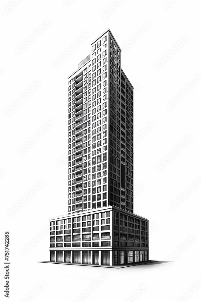 A full view photograph showcasing a realistic skyscraper standing tall, isolated against a pristine white background, perfect for photomagazine features