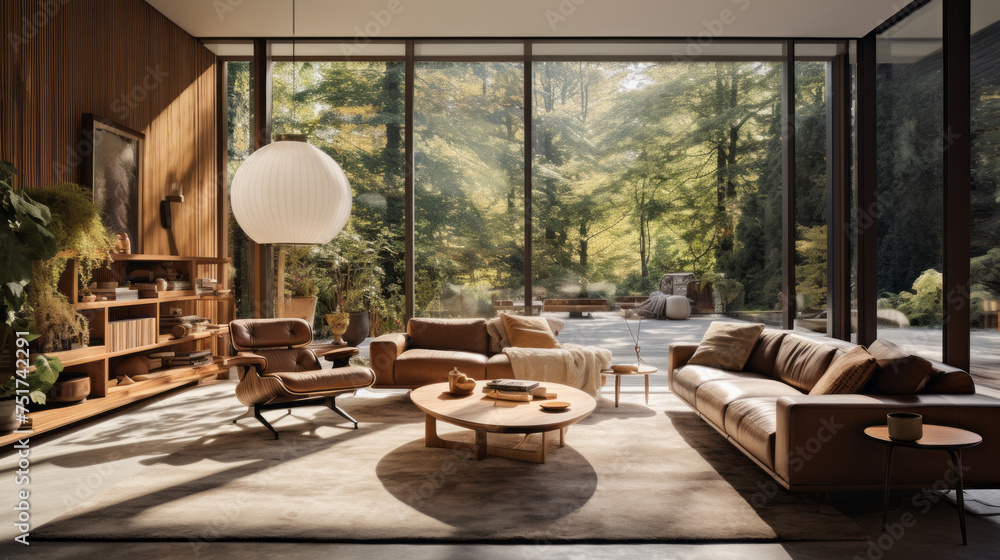 A trendy living room with a Biophilic design, featuring warm wood tones, natural hues, and lush vegetation