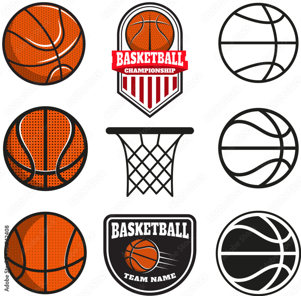 Set of  basketball labels and logos and design elements for basketball teams, tournaments, championships isolated on white background. Design element in vector.