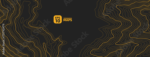 The stylized height of the topographic map contour in lines and contours. The concept of a conditional geography scheme and the terrain path. Yellow lines on a dark background. Vector illustration.