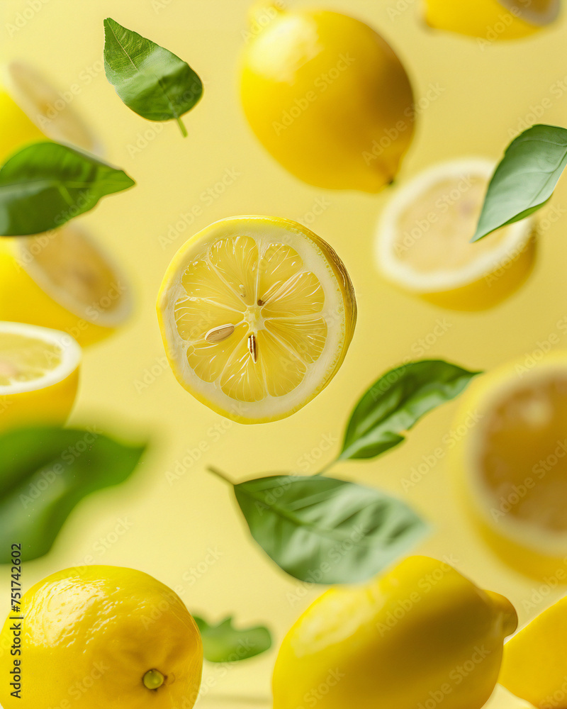 Juicy ripe flying yellow lemons, green leaves floating in the air on light colorful background. Creative food concept. Tropical organic fruit citrus vitamin C. Lemon slices Summer minimalistic bright Juicy ripe flying yellow lemons, green leaves floating in the air on light colorful background. Creative food concept. Tropical organic fruit citrus vitamin C. Lemon slices Summer minimalistic bright