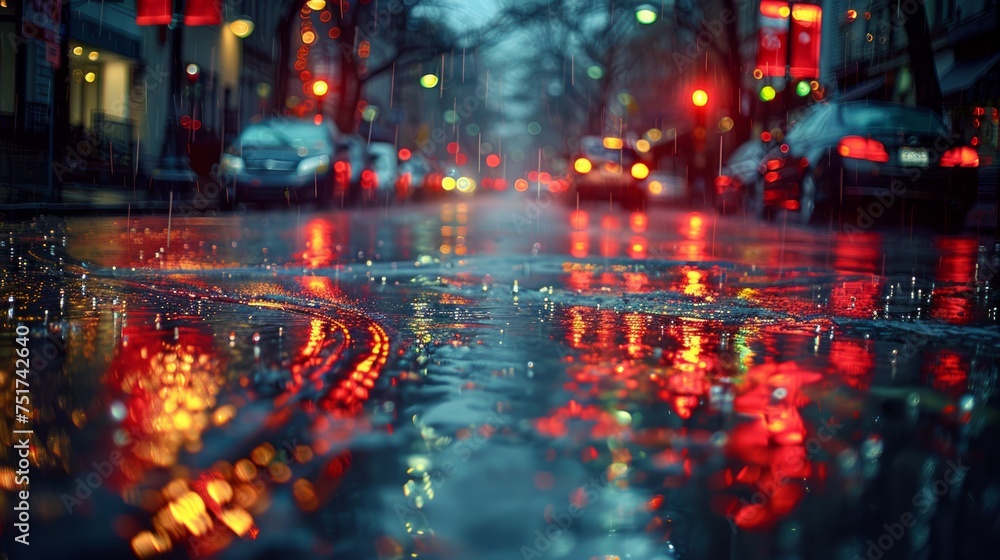Fototapeta premium Wet Street With Red and Blue Lights