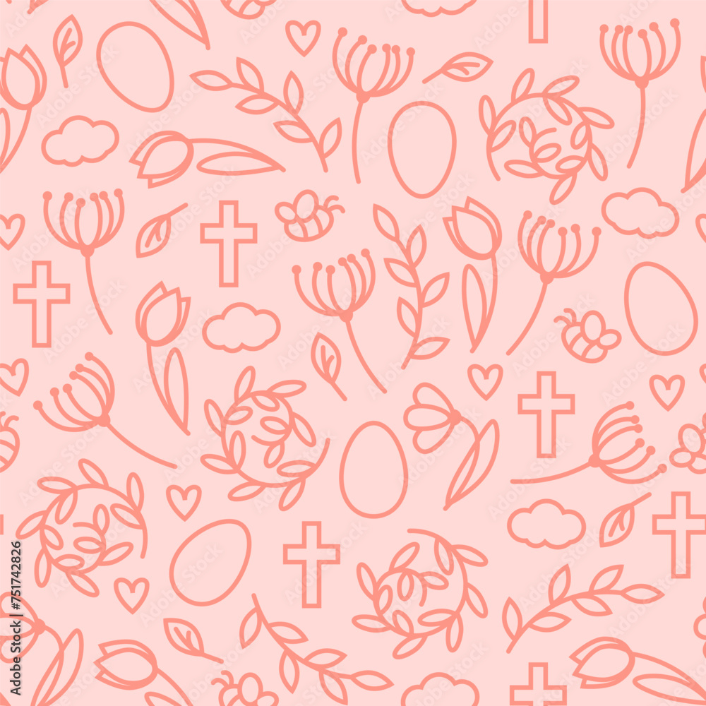 Pink pastel Easter seamless pattern of linear flowers and Easter symbols Pink pastel Easter seamless pattern of linear flowers and Easter symbols