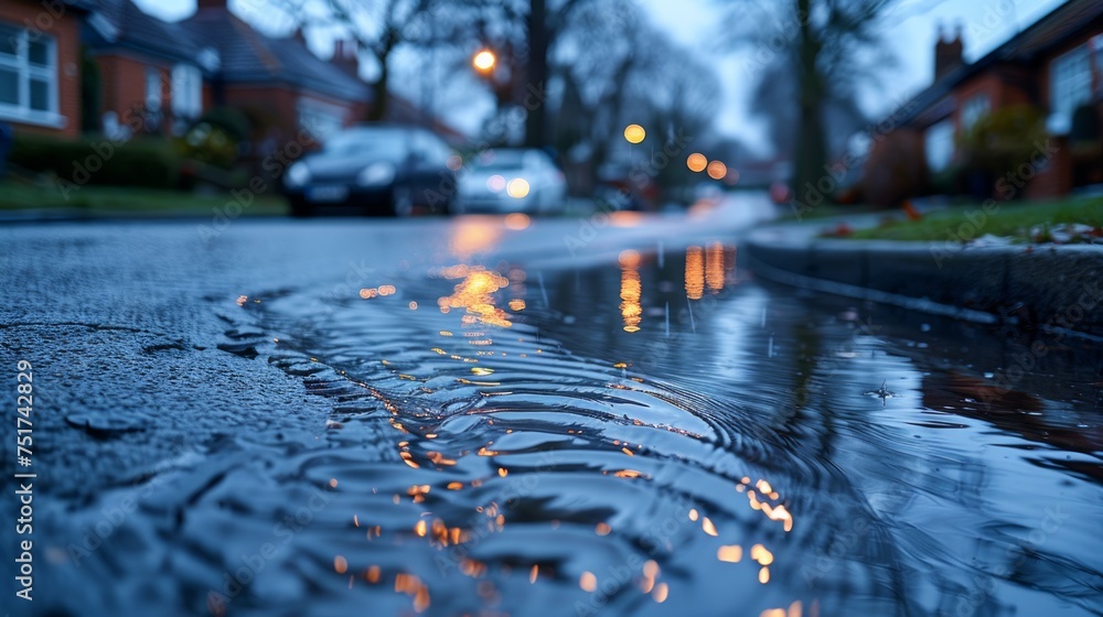 Fototapeta premium Car Driving Down Rain-Soaked Street at Night