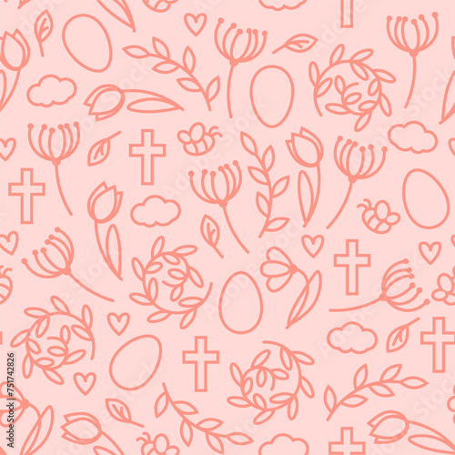 Pink pastel Easter seamless pattern of linear flowers and Easter symbols