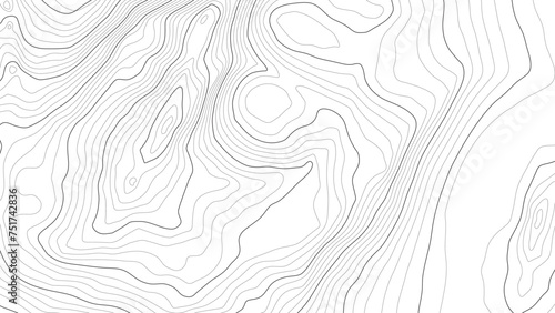 The stylized height of the topographic contour in lines and contours. Сoncept of a conditional geography scheme and the terrain path. Black stroke on white background. Wide size. Vector illustration. photo