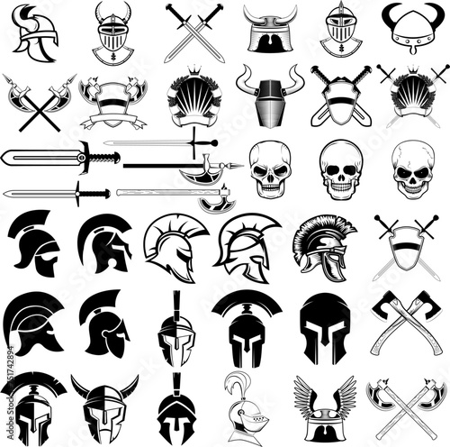 Set of ancient weapon, helmets, swords and design elements. Design elements for logo, label, emblem, sign, badge .Vector illustration.