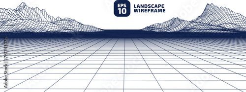 Abstract CG wireframe background. Earth 3d area. 3D grid technology illustration landscape. Digital Terrain Cyberspace in the Mountains with valleys. Blue strock on white colors. Data Array. Vector.