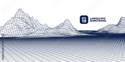 Abstract CG wireframe background. Earth 3d area. 3D grid technology illustration landscape. Digital Terrain Cyberspace in the Mountains with valleys. Blue strock on white colors. Data Array. Vector.