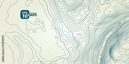 The stylized height of the topographic contour in lines and contours. Сoncept of a conditional geography scheme and the terrain path. Blue stroke on green background. Wide size. Vector illustration.