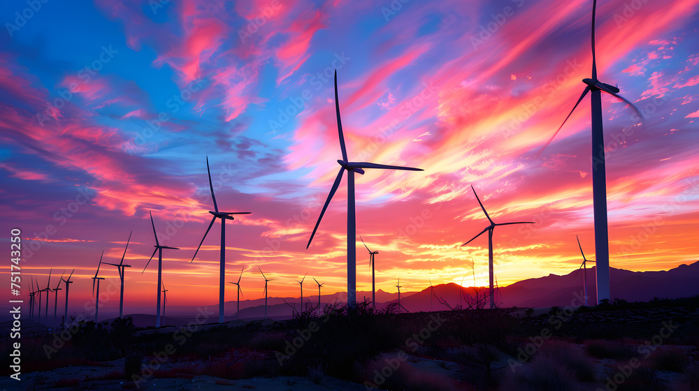 Obraz premium Wind power plants at sunset