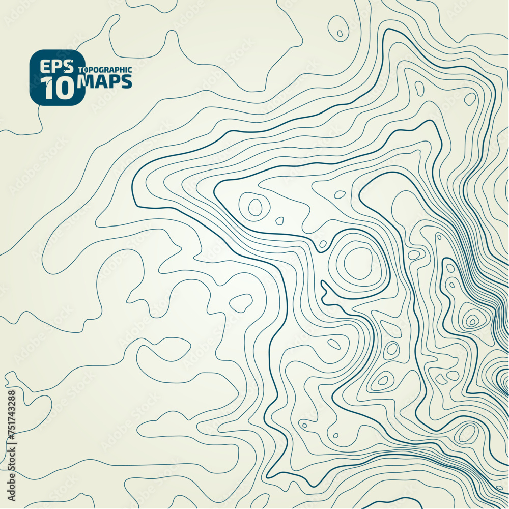 Stylized height of the topographic contour in lines and contours. Сoncept of a conditional geography scheme and the terrain path. Blue stroke on yellow background. 1x1 size. Vector illustration.