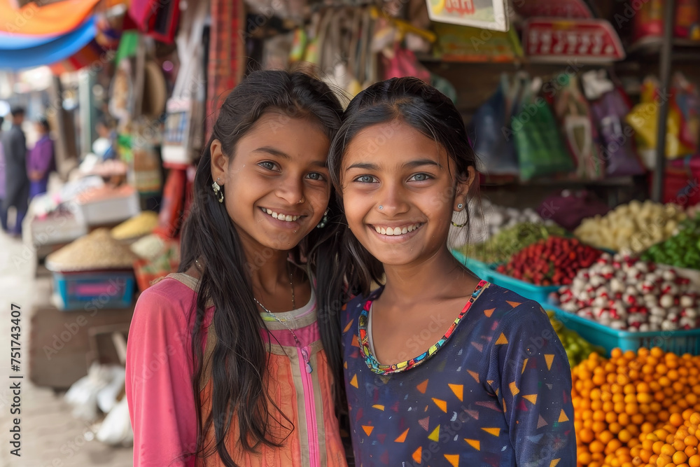 Two girls in a bustling marketplace. They are standing full-length, the colorful stalls around them. Two girls in a bustling marketplace. They are standing full-length, the colorful stalls around them.