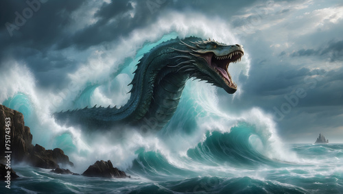 Sea dragon towering waves, se monster, mythical dragon photo