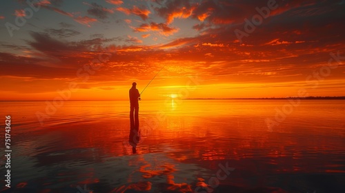 Man Fishing on Lake at Sunset © olegganko