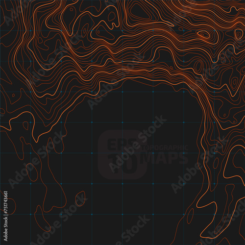 The stylized height of the topographic contour in lines and contours. Conditional geography scheme and the terrain path. 1x1 ratio size side. Orange lines on brown background. Vector illustration.