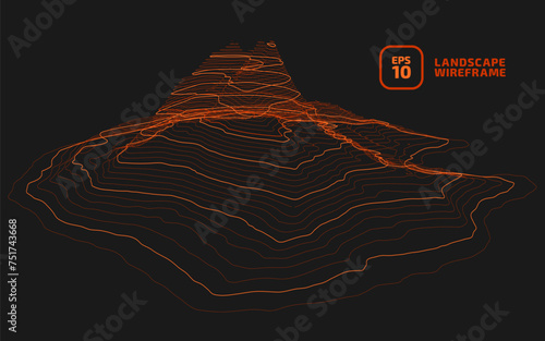 Abstract wireframe background. 3D mesh technology, landscape vector illustration. Parallel non-intersecting continuous lines concept. Orange on black. Wide size.