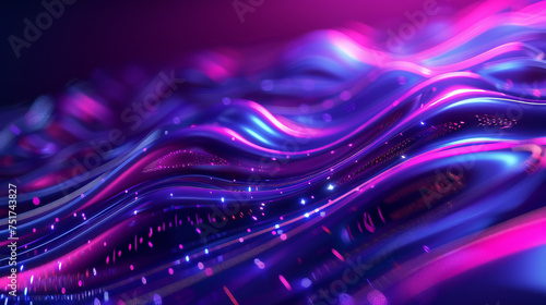 Neon ripple texture. Defocused glow. Iridescent wave. Blur purple blue fluorescent color gradient light curve lines abstract background with free space