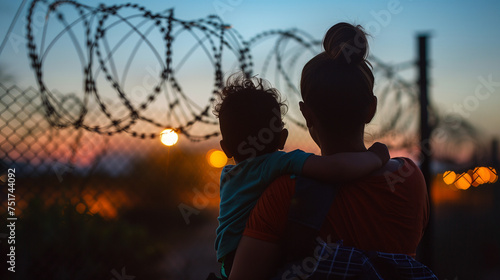 Silhouettes of a Latino Woman and Child at the Border. Emigration Crisis on the Mexico-America Border. Immigration Theme. photo