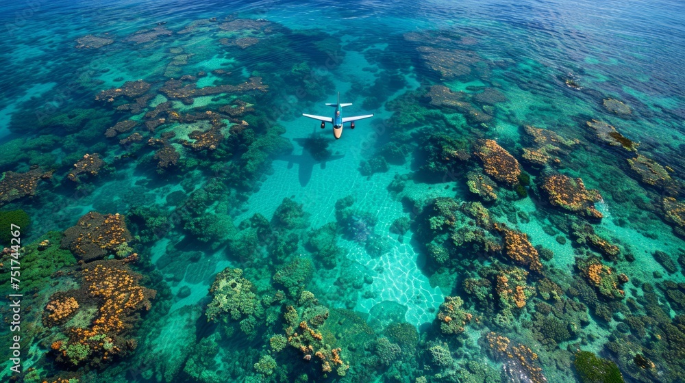 Fototapeta premium Airplane Flying Over Coral Reef