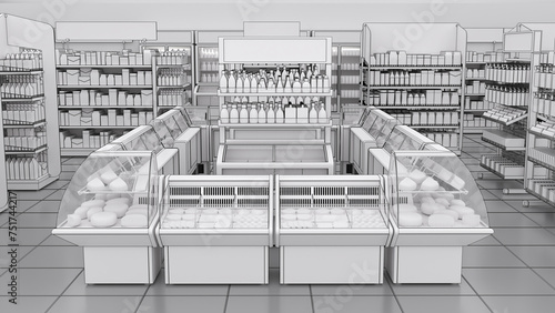 Grocery store mockup with fridges and racks of blank goods. 3d illustration