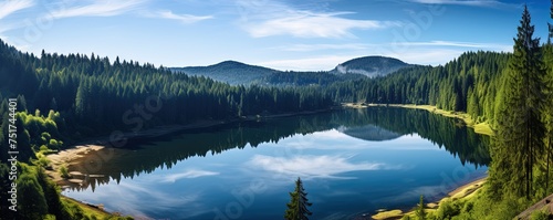 Stunning panorama background from the Mummelsee in the Black Forest on the Black Forest High Road  with reflection in the water