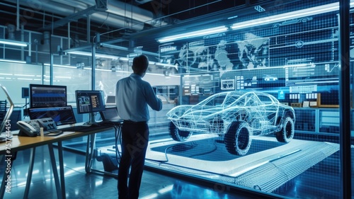 Engineer monitoring a robotic car's performance in a high-tech control room, emphasizing human-machine collaboration in development