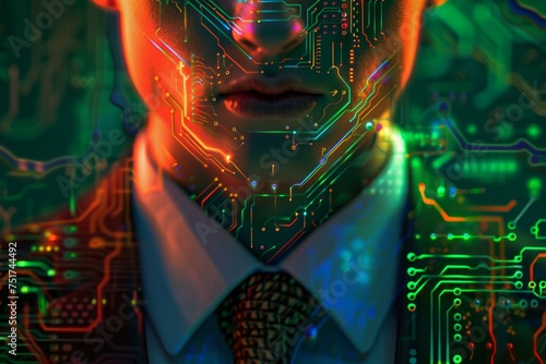 businessman on abstract circuit background with copy space. Computing and engineering concept. Double exposure