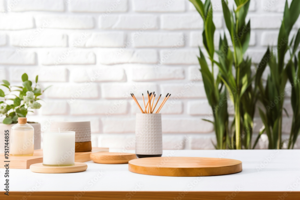 Wooden table with a candle, aroma sticks, and potted plants in front of white brick wall background. High quality photo